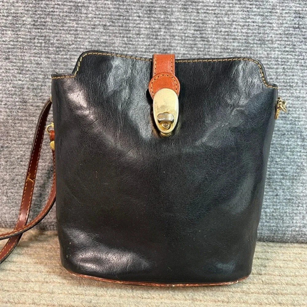 Vintage Italian Leather Crossbody Bag Black Brown Trim Turn Lock Small Bucket